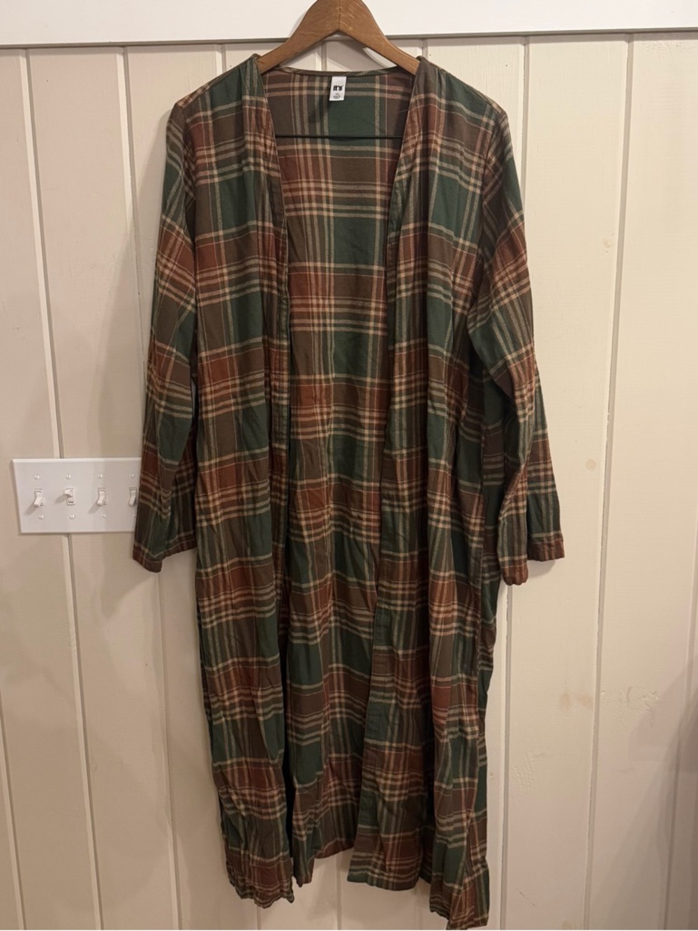 NWOT Plaid Open-Front Longline Cardigan Flannel Shirt in Green & Brown, Size XL